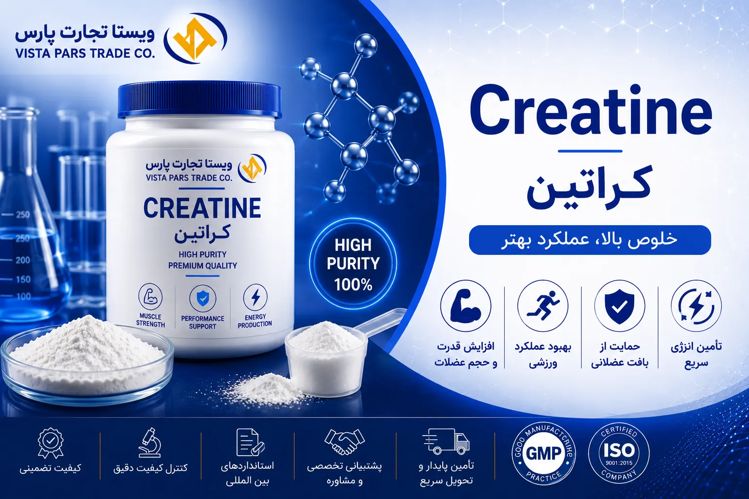 راهنمای کامل کراتین: ساختار شیمیایی، انواع (مونوهیدرات، HCL، مالات، نیترات)، نقش در تولید انرژی ATP، افزایش قدرت و توده عضلانی، دوز مصرفی، عوارض، تداخلات دارویی، استانداردهای USP و پاسخ به سوالات تخصصی